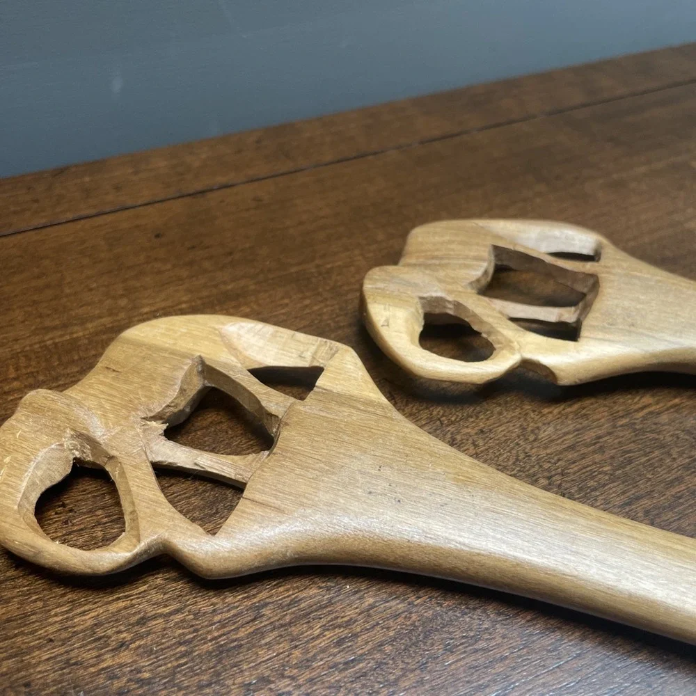 AFRICAN HAND CARVED KENYAN OLIVE WOOD ELEPHANT SALAD SERVERS 2PC SET 12